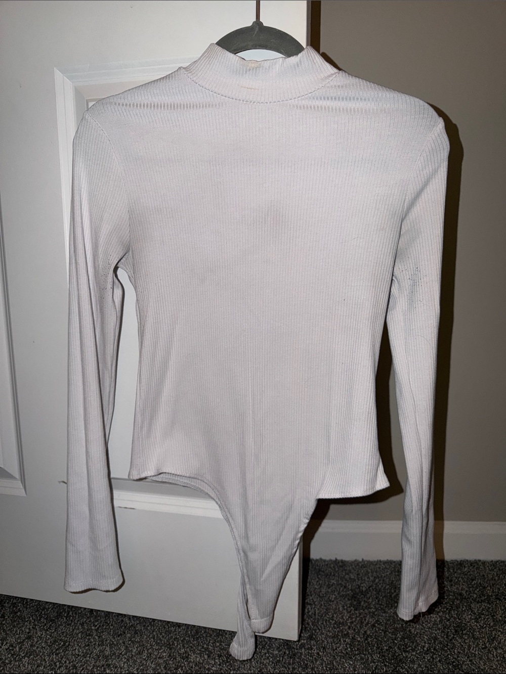 Women's White Ribbed Mock Neck Long-Sleeve Bodysuit